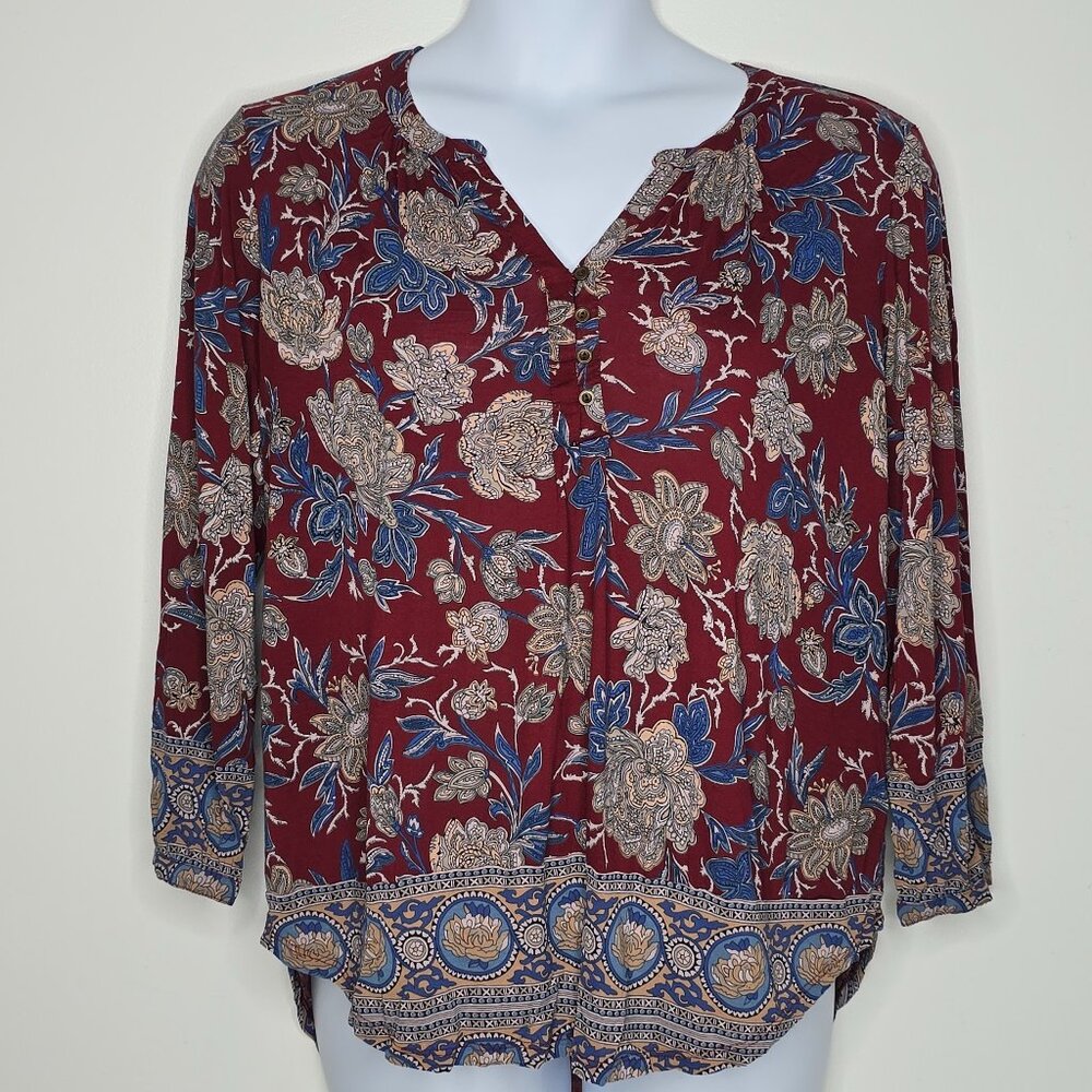 Lucky Brand Womens Size XL Top Shirt Blouse Red Floral Boho Long Sleeves